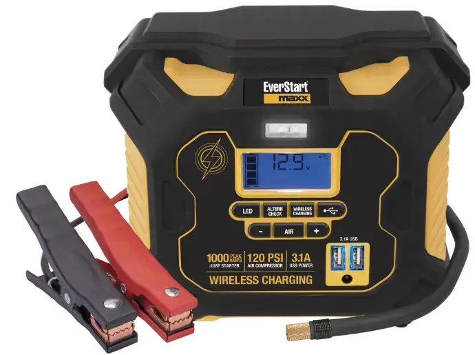 The EverStart Maxx battery jump-starter is more than a jump box. It works as a portable power station with jump-start support, a built-in air compressor, USB charging ports, a wireless charging pad, an LED light, and an alternator check feature.
Product Overview
The EverStart Maxx 1000 Amp battery jump-starter is a portable emergency power unit designed for drivers who want backup support in one compact device. It is built around a sealed lead-acid battery and is made for 12V DC vehicle systems.
The unit can help start a car with a weak battery, inflate tires and small inflatables, charge phones and devices through USB, and even provide wireless charging for compatible devices. It also includes a built-in work light and a system check for alternator performance.
This model is useful because it combines several tools into one product. Instead of carrying a jump starter, a tire inflator, a flashlight, and a phone charger separately, the user gets them in one unit.
That makes it practical for the trunk, garage, or work vehicle. The product is especially useful in colder months, road trip situations, and times when a car battery drains unexpectedly.
The unit is not a replacement for proper vehicle maintenance. It is an emergency support tool. That matters because some users expect it to solve any battery problem.
If a battery is deeply damaged, frozen, or the vehicle has another mechanical issue, a jump-start may not solve the problem.
This model is often identified as PPS1CWE. It includes:
1000A peak jump-start support
350A instant starting boost
120 PSI compressor
15W wireless charging pad
dual USB power ports
LED work light
alternator check feature
What the Jump-Starter Can Do
The battery jump-starter is designed as a multi-function unit. Each feature solves a different roadside or garage need.
Jump-start support
Its main job is helping start a vehicle with a weak 12V battery. The unit provides up to 1000A peak and 350A instant starting support. That is enough for many common vehicle emergencies, as long as the battery is not frozen and the system uses 12V DC.
Portable compressor
The built-in compressor can inflate tires, sports gear, and many small inflatables. It supports pressure settings from 3 PSI to 120 PSI, and it can stop automatically once the target pressure is reached. This is helpful because users do not need to guess when to stop inflating.
Wireless charging pad
The unit includes a 15W max wireless charging pad for compatible phones and devices. This gives users a cable-free charging option when power is needed away from a wall outlet.
USB charging ports
There are two USB power ports with a combined maximum output of 3.1A. These ports charge phones, small tablets, Bluetooth devices, and other USB-powered electronics. They do not transfer data.
Alternator check
The alternator check feature helps users test whether the vehicle charging system appears to be working normally. It runs a no-load and loaded check and displays whether the alternator output looks good.
LED area light
The built-in light adds practical value during night roadside use, garage work, or low-light emergencies.
This mix of features makes the unit more than a seasonal jump starter. It becomes a general-purpose emergency tool.
Still, the user gets the best results when they understand the rules for each feature instead of guessing.
That is where the rest of this manual helps.
Important Safety Rules Before Use
The EverStart jump starter deals with vehicle batteries, electricity, compressed air, and portable charging. That means safety matters.
A few simple rules prevent most serious problems.
Use it only for the right system
This unit is designed for 12V DC lead-acid vehicle battery systems only.
It should not be used with:
6V systems
24V systems
watercraft
dry-cell household batteries
Using the wrong system can damage the unit or create a dangerous situation.
Never jump-start a frozen battery
A frozen battery can crack or explode when current is applied. If the battery looks swollen, frozen, or damaged, do not use the jump-starter.
Keep sparks and flames away
Vehicle batteries can release explosive gas. The user should never smoke near the battery and should keep flames and sparks away from the area.
Keep the unit upright
The manual says this clearly: use the jump-starter only in the upright position during jump-starting. This is not optional. It is part of safe operation.
Use it in a safe location
In a garage or enclosed area, the manual says to keep the unit at least 18 inches above the floor because internal parts may spark. That is a detail many people miss, but it matters.
Don’t use damaged equipment
If the clamps, cables, housing, or connectors look damaged, stop and inspect the unit. If the sound is distorted, the display behaves oddly, or the unit smells wrong, do not continue using it.
Respect heat limits
The compressor should not run continuously for more than 10 minutes. After that, it needs about 30 minutes to cool down.
A good user keeps these rules in mind before touching the battery clamps. That small pause lowers risk and makes every function more reliable.
First Charge and Battery Care
Before using the EverStart battery jump starter for the first time, the user should fully charge it. This first charge is one of the most important steps in the whole manual.
First-time charging
The unit ships partially charged, not fully ready. The manual instructs users to charge it for 20 hours before first use using the included AC charger.
That long first charge helps condition the internal sealed lead-acid battery and prepares it for full jump-start performance.
Regular recharge schedule
Battery care does not stop after the first use. The manual says to recharge the unit:
after every use
and at least once every 30 days when it is not used often
That rule matters because sealed lead-acid batteries weaken when left discharged too long. A unit stored in the trunk for months without recharging may not deliver full power when needed.
Charging habits that help
A simple routine keeps the jump-starter healthy:
Charge it fully before storing.
Check charge status once a month.
Recharge after any jump-start, compressor session, or long USB charging session.
Low battery meaning
The LCD battery icon helps show remaining charge. One bar means low charge and the unit should be recharged soon.
Empty bars mean the battery is critically low and low-voltage protection may shut the unit down.
The jump-starter works best when the user treats charging as regular maintenance, not as something to think about only after an emergency. A jump-starter that sits empty is not really emergency-ready.
Display, Icons, and What They Mean
The LCD display on the jump starter gives helpful status feedback. When the user understands the screen, operation becomes much easier.
Battery status icons
The battery icon uses bars:
4 solid bars = full charge
2–3 bars = partial charge
1 bar = low, recharge soon
4 empty bars = recharge immediately
This display helps the user judge whether the unit is ready for a jump-start or just enough for light charging tasks.
Function icons
The screen can show icons for:
battery status
voltage
clamp connection
reverse polarity
alarm/fault
compressor
USB
wireless charging
alternator check
These icons let the user know what feature is active and whether a warning is present.
Alarm behavior
The jump-starter uses sounds as well as screen warnings.
A continuous alarm often means reverse polarity.
A repeated warning may happen if clamps touch each other.
Fault conditions may also appear with flashing icons.
Why these warnings matter
Some users ignore display messages and go straight to trying the engine. That is risky. The screen is there to help the user stop, check, and correct the setup before damage happens.
A smart habit is to glance at the screen before every major action:
before cranking
before inflating
before using USB power
before using wireless charging
That quick check prevents many avoidable mistakes.
How to Jump-Start a Vehicle
This is the main reason many people buy the EverStart battery jump starter. The process is straightforward when followed in order.
Before starting
Make sure the unit is charged.
Place the jump-starter upright.
Turn off the vehicle and all accessories.
Confirm the vehicle uses a 12V DC negative-ground system unless the manual for the vehicle says otherwise.
Standard negative-ground jump-start steps
Plug the boost cable connector into the jump-starter.
Connect the red clamp to the vehicle battery’s positive (+) terminal.
Connect the black clamp to a solid metal vehicle ground point or chassis, away from the battery.
Check the display for warning icons or alarms.
If there is no reverse polarity warning, attempt to start the vehicle.
Crank in 5–6 second bursts only.
Once the engine starts, remove the black clamp first, then the red clamp.
If the engine does not start
Do not keep cranking over and over. Repeated long cranking can damage the starter motor. If the vehicle does not start after the recommended attempts, stop and inspect for other issues.
Reverse polarity warning
If clamps are connected backward:
the unit warns with a continuous alarm
reverse polarity icons appear
Do not continue. Disconnect and reconnect correctly.
Overheat protection
If the unit overheats, thermal protection can activate. The user should wait about 10–30 minutes before trying again.
Jump-starting becomes much less stressful when users slow down and follow the cable order carefully: red first, black second. That single habit prevents many errors.
Alternator Check Function
The alternator check on the jump-starter helps users get a basic idea of whether the vehicle’s charging system is working as expected. It is not a full shop diagnosis, but it is useful.
What the alternator does
The alternator charges the vehicle battery while the engine runs. If the alternator is weak, the car battery may keep going flat even after a successful jump-start.
How the test works
The manual describes two testing stages:
No-load test – with vehicle accessories off
Under-load test – with many accessories turned on, except A/C and defrost
This comparison helps the unit judge whether charging voltage stays in a normal range.
Result meanings
ALT GOOD = charging output appears normal
ALT with a flashing fault icon = output appears outside the expected range
A failed alternator check does not always mean the alternator itself is dead. Wiring, battery condition, or other system issues can affect the result.
Still, if the jump-starter says the alternator result looks bad, the user should take the vehicle for further inspection.
How to Use the Air Compressor
The built-in compressor turns the battery jump-starter into a useful tire and inflatable support tool.
Pressure range and cutoff
The compressor supports pressure settings from 3 PSI to 120 PSI. The user can set a target pressure, and the compressor stops automatically when it reaches that value.
Basic inflation steps
Connect the air hose securely to the tire valve or nozzle.
Set the target pressure.
Turn on the compressor.
Watch the display while it inflates.
Let the compressor stop automatically or stop it manually if needed.
Time limit
The manual warns not to run the compressor continuously for more than 10 minutes. After that, the unit needs a 30-minute cool-down period. This protects the motor and internal components.
Good use habits
Check the tire’s recommended PSI before inflating.
Do not guess pressure based on appearance.
Make sure the hose fits tightly to avoid air leaks.
Do not leave the unit running unattended.
The compressor is excellent for topping off tires, bike tires, and small inflatables.
It is not meant to replace a shop compressor for heavy-duty, nonstop use. Used correctly, it is one of the most practical features on the unit.
Wireless Charging Pad
The jump-starter includes a 15W max wireless charging pad for compatible phones and devices.
This feature gives the unit more day-to-day value, even when the jump-start and compressor functions are not needed.
How to use wireless charging
Press the wireless charging button.
Place the compatible device in the center of the charging pad.
Check the display or charging icon response.
Leave the device in place while it charges.
Important rules
Do not use the compressor while using wireless charging.
Do not use the jump-starter while wireless charging is active.
If no charging device is detected for 3 minutes, wireless charging shuts off automatically.
These limits matter because wireless charging creates heat, and the jump-start or compressor functions create much more. The unit separates these functions for safety and performance.
Best results
Remove thick metal or incompatible cases from the phone if charging does not begin.
Keep the phone centered on the pad.
Use this feature when the unit has good battery charge, not when the battery icon is already low.
Wireless charging is a convenience feature, but it is still useful. During road trips or power outages, it can help keep a phone alive without needing a cable.
USB Charging Ports
The EverStart jump-starter includes two USB charging ports. These are useful for phones, Bluetooth devices, GPS units, and small electronics.
Power output
The USB ports provide 5V DC, with a combined maximum output of 3.1A total. The ports are for charging only. They do not transfer data.
How to use the USB ports
Plug in a USB charging cable.
Connect the phone or device.
Watch for charging activity on the device.
Unplug once charging is complete.
USB fault behavior
The jump-starter monitors the USB ports for:
overload
short circuit
low battery voltage
If there is a problem, the blue USB fault indicators can flash and the USB ports may shut down. This is a protection feature, not always a defect.
The user should disconnect the device, check the cable, and make sure the jump-starter battery is not too low.
USB charging may seem like a basic add-on, but it gives this product extra value during camping, travel, or emergency situations. It is especially useful when wall outlets are not available.
LED Area Light
The built-in LED area light adds simple but real value. It helps during:
night jump-starts
dark garages
roadside tire inflation
power outages
The light is straightforward to use and does not need much explanation. Still, users should remember that every active feature draws power from the internal battery.
So if the unit already has a low battery and the user expects a jump-start soon, they should use the light carefully.
The area light is not the main reason to buy the jump-starter, but it becomes one of those features people appreciate most when they suddenly need it.
Cleaning, Storage, and Long-Term Care
Good care keeps the jump-starter ready for emergencies.
Cleaning
Wipe the outer housing with a soft cloth.
Keep the clamps clean and dry.
Do not soak the unit or expose it to heavy moisture.
Keep charging ports and air hose connections free of dirt.
Storage
Store the unit in a cool, dry place.
Recharge it every 30 days if not in regular use.
Keep it upright when possible.
Avoid extreme heat, especially in summer vehicle trunks for very long periods.
Long-term battery care
The internal sealed lead-acid battery is not user-replaceable. That makes proper charging even more important. If the user keeps the unit discharged for long periods, battery life will drop faster.
A good emergency tool is only useful when it is maintained. Monthly recharging and quick visual checks turn this from a forgotten gadget into something truly dependable.
Troubleshooting Common Problems
The unit will not charge a phone
Possible causes:
jump-starter battery too low
USB overload or fault
bad charging cable
Fix:
recharge the jump-starter
disconnect and reconnect the cable
try another cable or device
Wireless charging does not start
Possible causes:
phone not centered
phone case too thick or incompatible
wireless charging not enabled
no device detected within 3 minutes
Fix:
center the device
remove case if needed
try a compatible wireless charging device
Vehicle will not start
Possible causes:
wrong clamp connection
reverse polarity
dead or damaged vehicle battery
another vehicle problem
jump-starter battery too low
Fix:
reconnect clamps in correct order
check for alarms and icons
recharge the unit if low
stop after recommended crank attempts
Compressor stops
Possible causes:
reached preset pressure
overheated after long use
Fix:
check target pressure
allow 30 minutes cool-down if used near the 10-minute limit
Alternator check shows fault
Possible causes:
alternator problem
battery or wiring issue
unusual electrical load
Fix:
repeat the test correctly
seek full vehicle diagnosis if fault remains
Most problems become manageable once the user reads the display and respects the built-in protection features.
Support, Warranty, and Service Details
For official support, the manual lists:
Customer Service / Technical Support: 1-877-571-2391
Website: www.Baccusglobal.com
Importer: Baccus Global LLC, Boca Raton, FL
Warranty: Two-year limited warranty
These support details make it easier for users to get help when the basic troubleshooting steps do not solve the issue.
When contacting support, it helps to share:
model number (PPS1CWE)
what function was being used (jump-start, compressor, USB, wireless charging)
what the display showed
whether alarms sounded
whether the unit had been fully charged recently
That information can speed up service and reduce back-and-forth.
Glossary
Alternator: The part of the vehicle that charges the battery while the engine runs.
Chassis ground: A solid metal vehicle ground point used for the black clamp.
Compressor protection: A cool-down rule that prevents damage after long compressor use.
Reverse polarity: Battery clamps connected backward.
Sealed lead-acid battery: The internal rechargeable battery type used in the jump-starter.
Wireless charging pad: The top charging area that powers compatible devices without a cable.
How to Use EverStart Battery Jump-Starter
Charge the unit for 20 hours before first use, keep it upright during jump-starting, connect red clamp first and then black, crank the engine in 5–6 second bursts, and recharge the jump-starter after every use and at least once every 30 days.
The compressor can inflate up to 120 PSI, the USB ports provide up to 3.1A total, and the wireless charging pad supports up to 15W max. The unit is for 12V DC vehicle systems only. It should never be used on frozen batteries or in the wrong voltage system.
