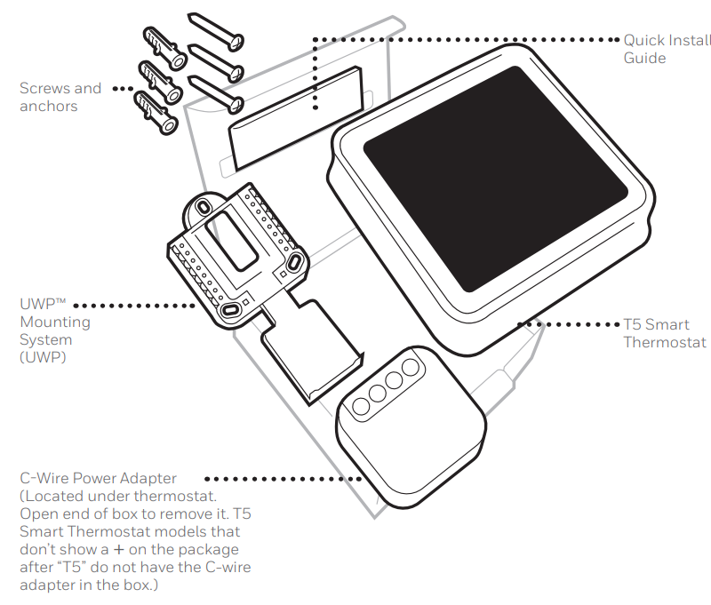 Honeywell T5+ Smart Thermostat Quick Install Guide Package Contants