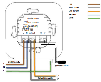 Heatmiser DS1-L V2 Manual Dial Thermostat Wiring Diagram